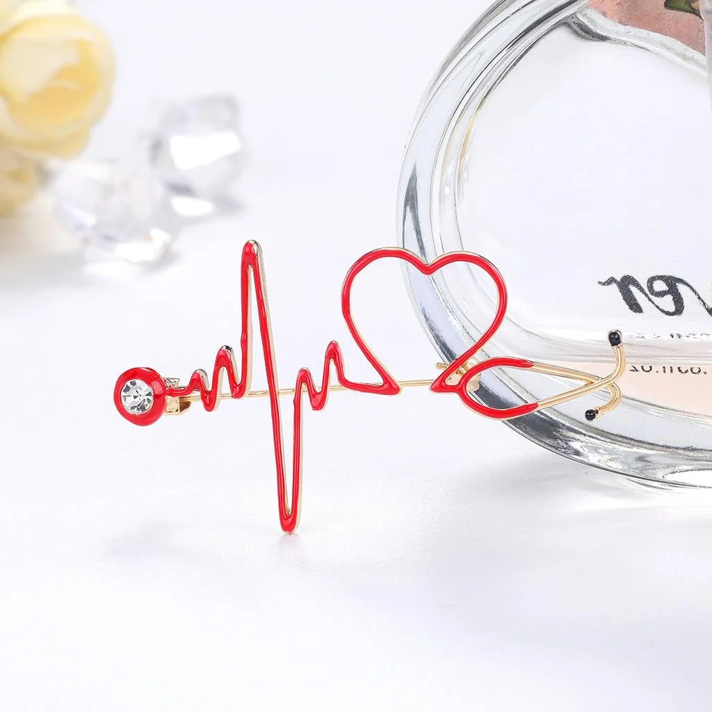 Cute Enamel Alloy Nurse Stethoscope Heart Brooch With Rhinestone Accent, Medical Lapel Pin Suit Accessory Gift