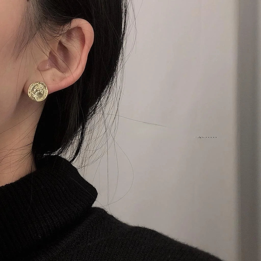 14K Gold Plated Copper Portrait Stud Earrings Korean Minimalist Irregular Style