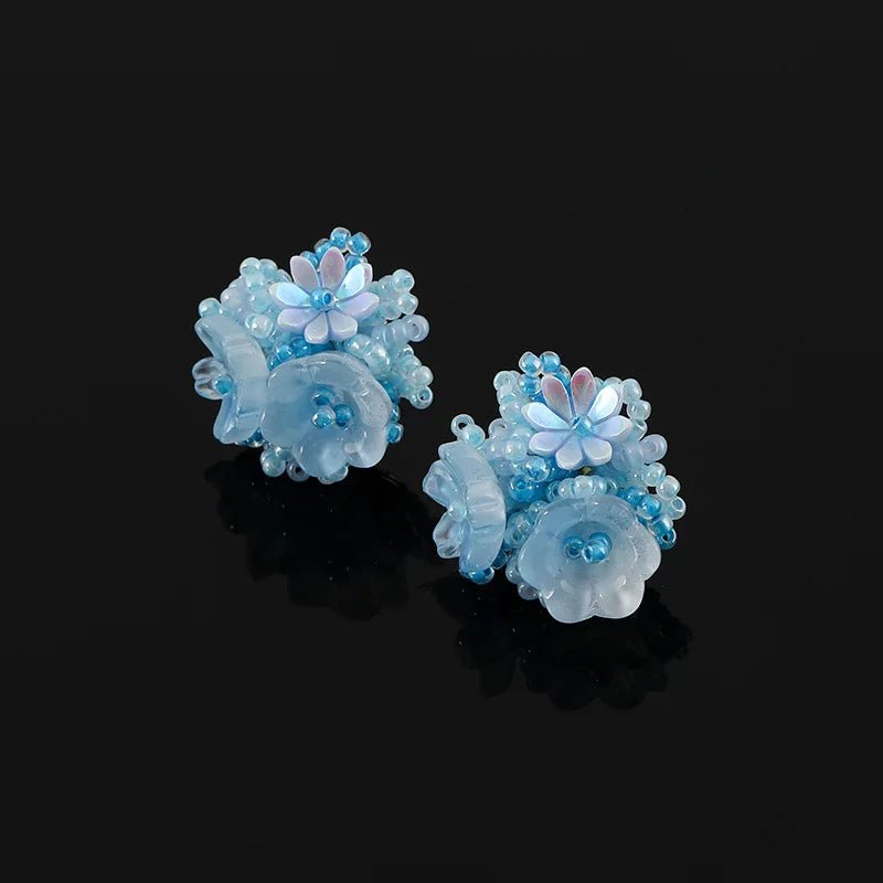 Handmade Blue Beaded Flower Crystal Stud & Clip On No Piercing Elegant Vacation Style Earrings