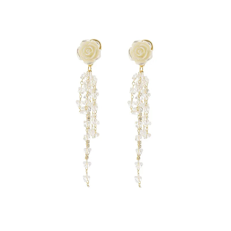 Elegant Camellia Flower Crystal Rhinestone Long Tassel Stud & Clip On No Piercing Earrings