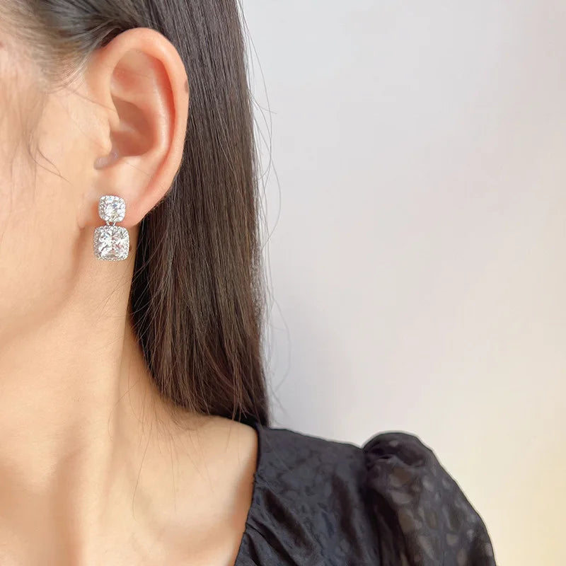 Luxury Square Zircon Rhinestone Drop Stud & Clip On No Piercing Geometric Spiral Women's Earrings