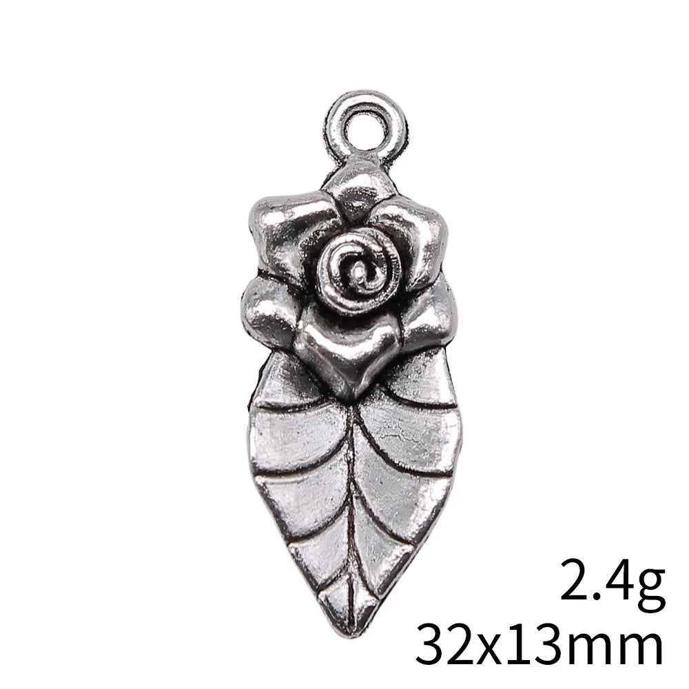32x13mm 2.4g Antique Silver Zinc Alloy Flower Leaf Charm Pendant for DIY Jewelry Making