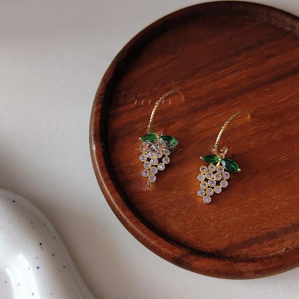 14K Gold Plated Copper Micro Pave Zircon Grape Drop Earrings Cute Korean Forest Style Jewelry