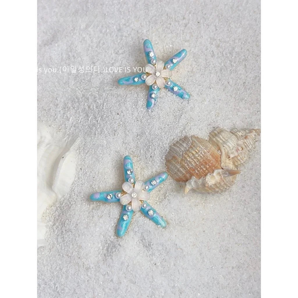 Vacation Style Resin Starfish Stud Earrings With Glossy Pearl Flower Enamel Design