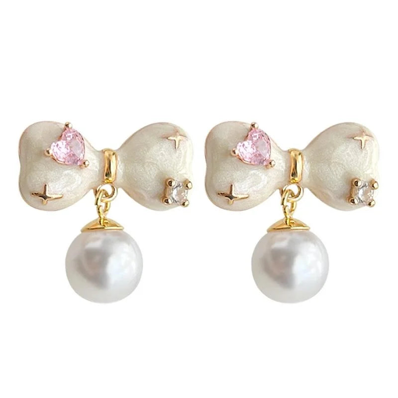 14K Gold Plated Copper Bow Stud Earrings With Micro Pave Zircon Handmade Enamel Korean Sweet Style