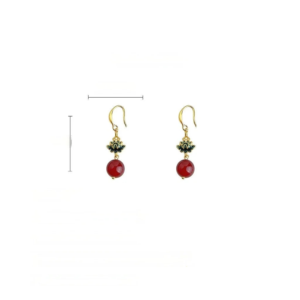 New Chinese Retro Enamel Painted Lotus Red Agate Geometric Drop Earrings