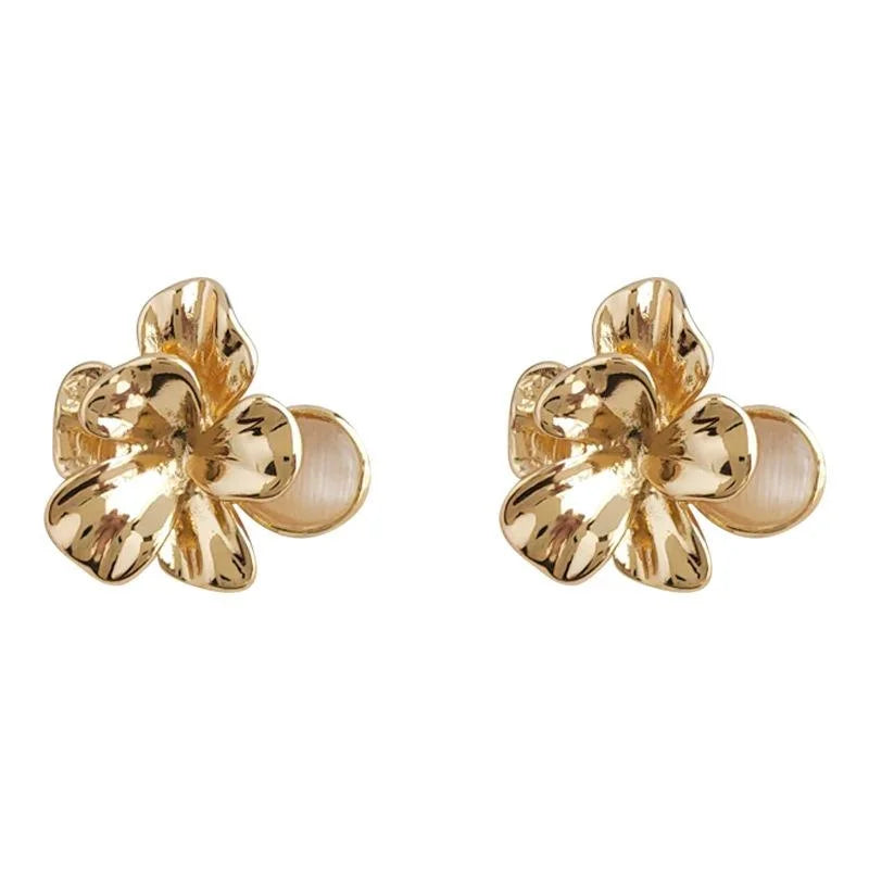 14K Plated Copper Flower Glass Cat Eye Stone Stud Earrings Light Luxury 3D Floral Jewelry