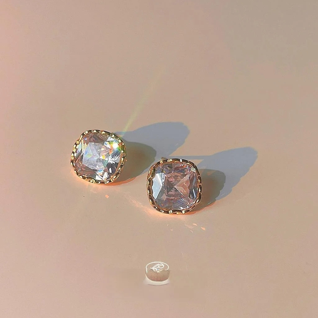 14K Gold Plated Sparkling Square Zircon Stud Earrings Minimalist Geometric Office Jewelry