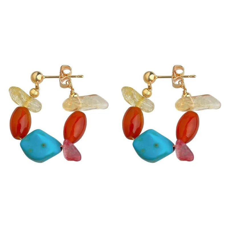 Handmade Chinese Style Irregular Geometric Red Agate Citrine Turquoise Copper Drop Earrings