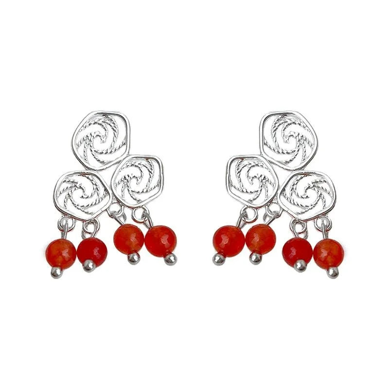 Vintage Ethnic Red Agate Drop Earrings Copper Hollow Geometric Auspicious Cloud