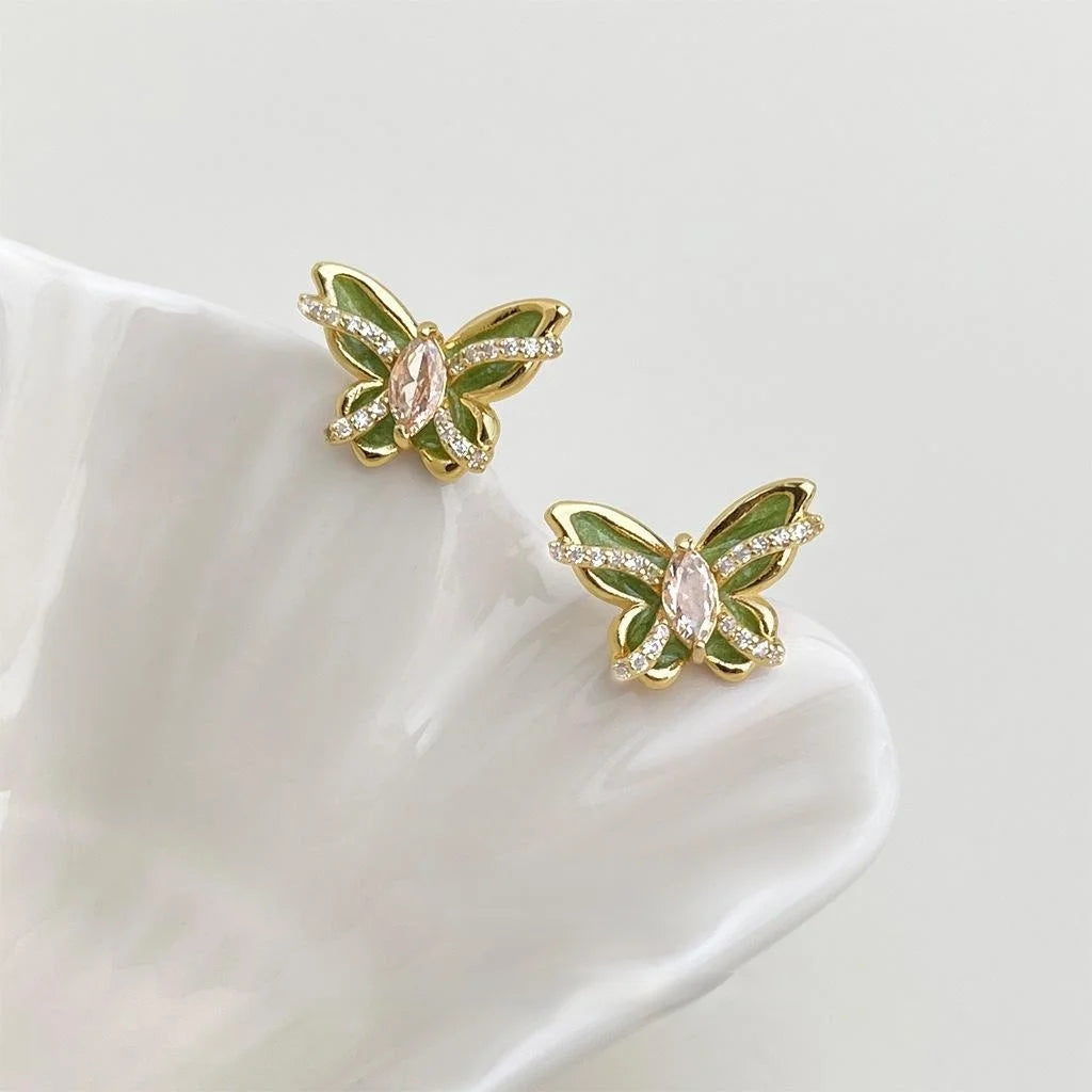 Original Design Copper Zircon Enamel Butterfly Stud Earrings, Sweet Pastoral Silver Plated Jewelry