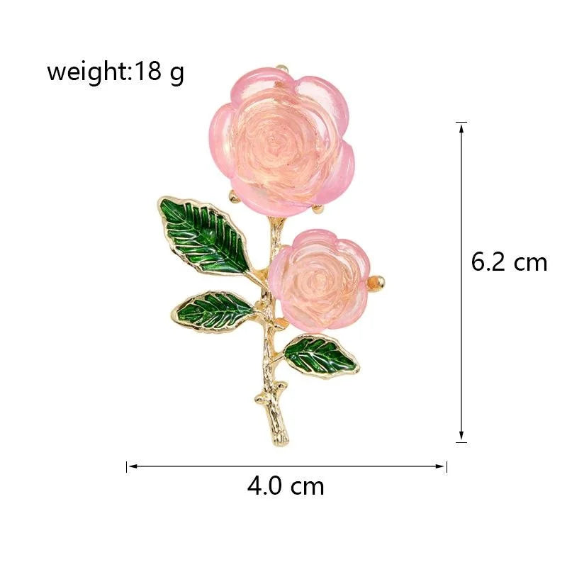 Elegant Pink Rose Flower Brooch With Green Enamel Leaves, Gold Alloy Lapel Pin Corsage Suit Accessory