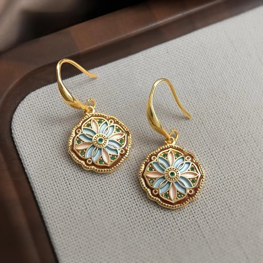 14K Gold Plated Copper Floral Geometric Drop Earrings Vintage Light Luxury Jewelry