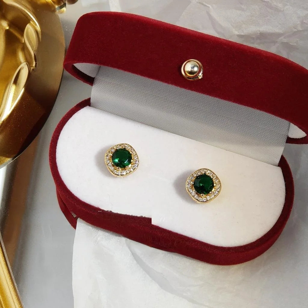 French Vintage 14K Plated Copper Square Emerald Zircon Micro Pave Stud Earrings