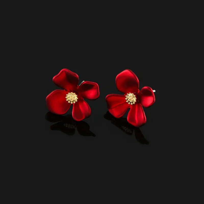 Vintage Red Enamel Flower Stud & Clip On No Piercing Alloy Gold Tone Sweet Floral Earrings