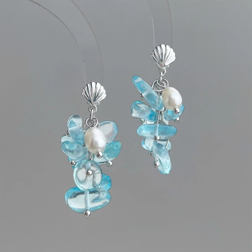 Sweet Beach Style Sea Blue Glass Crystal Freshwater Pearl Shell Tassel Drop Earrings