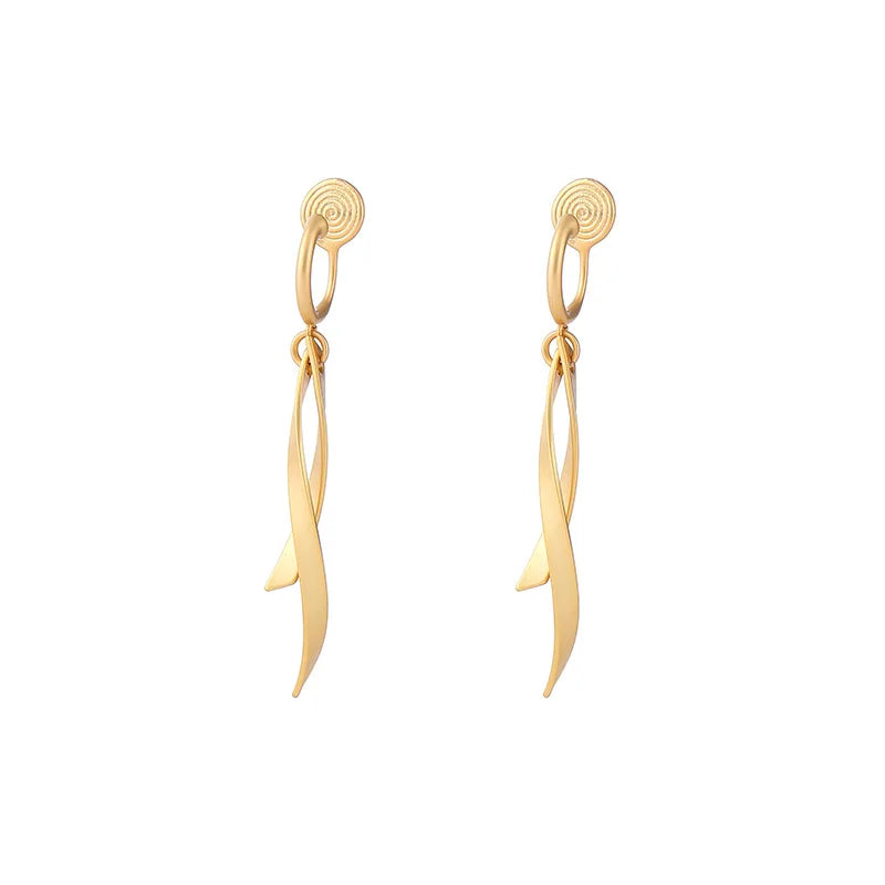 Elegant Matte Gold Alloy Cross Line Curved Bar Tassel Drop Stud & Clip On No Piercing Earrings