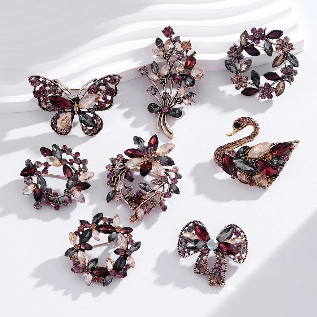 Elegant Rhinestone Alloy Swan, Floral Wreath And Flower Brooch For Women's Lapel Pin Suit Accessory