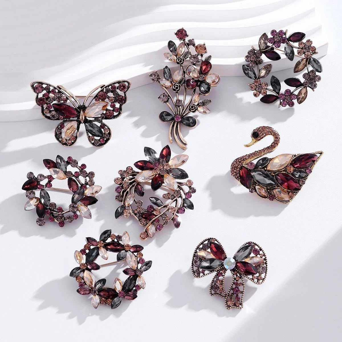 Elegant Rhinestone Alloy Swan, Floral Wreath And Flower Brooch For Women's Lapel Pin Suit Accessory