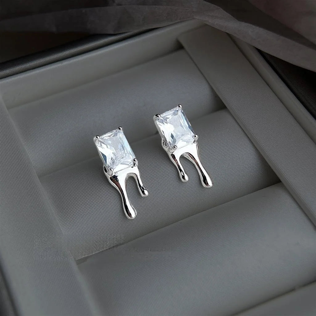 Geometric Sugar Cube Zircon Copper Stud Earrings Liquid Lava Waterdrop Sweet Cool Minimalist Jewelry