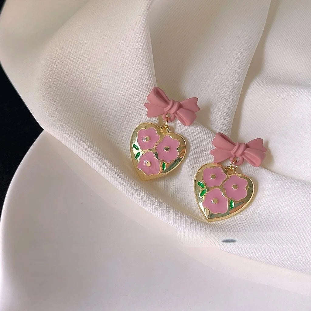 Sweet Pink Flower Heart Bow Copper Stud Earrings For Women Princess Style Jewelry