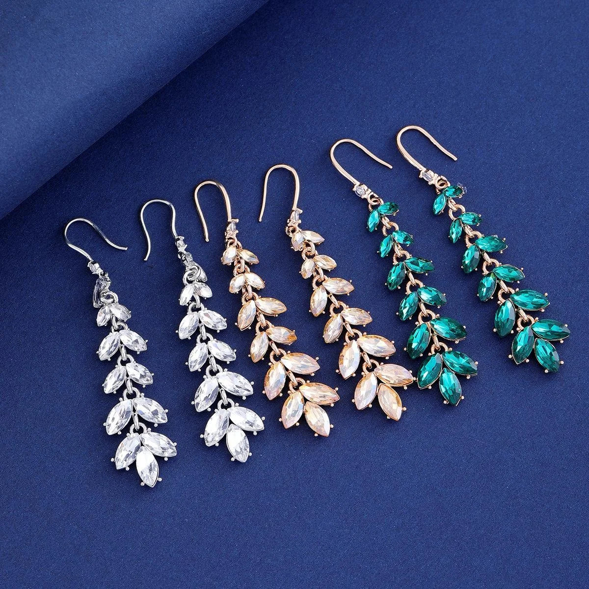 Elegant Long Crystal Leaf Tassel Earrings, Silver Alloy Rhinestone Floral Dangle Jewelry For Wedding Party