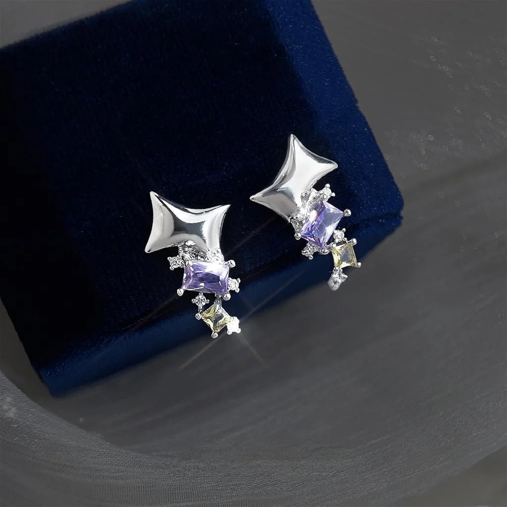 Eco-Friendly Copper Micro Pave Zircon Purple Geometric Square Stud Earrings Sweet Cool Metal Style