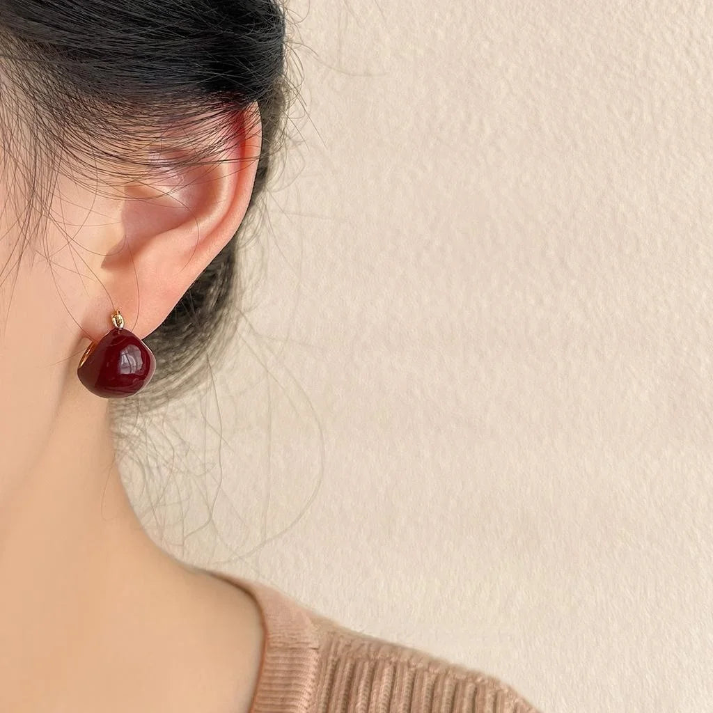Vintage Wine Red Enamel Round Bean Copper Stud Earrings Light Luxury Hong Kong Style Jewelry