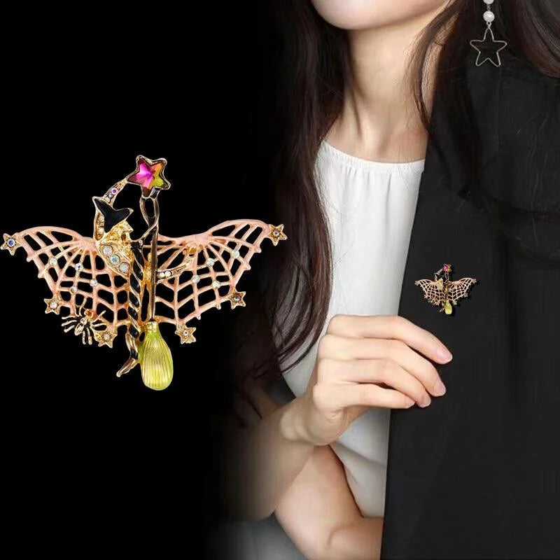 Cute Halloween Witch Bat Brooch With Enamel Wings And Rhinestones, Alloy Lapel Pin Corsage Gift