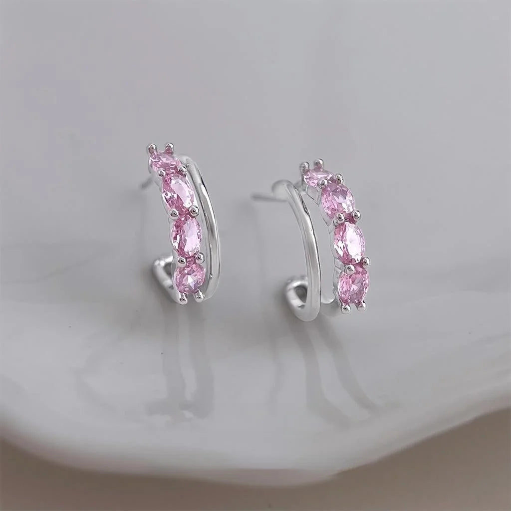 Pink Zircon Micro Pave Copper C-Shaped Double Layer Hoop Earrings Sweet Luxury Style