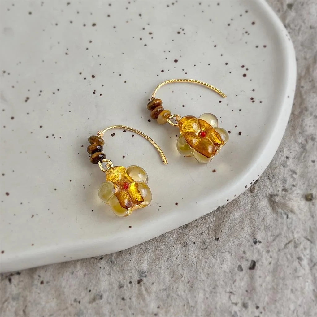 Vintage Maillard Handmade Liuli Glass Flower Tiger Eye Stone Copper Drop Earrings For Women