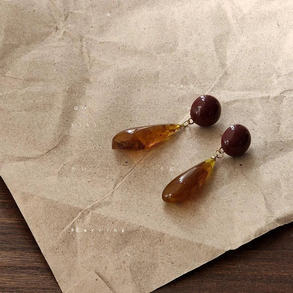 Vintage Hong Kong Style 14K Gold Plated Amber Resin Teardrop Drop Earrings For Women