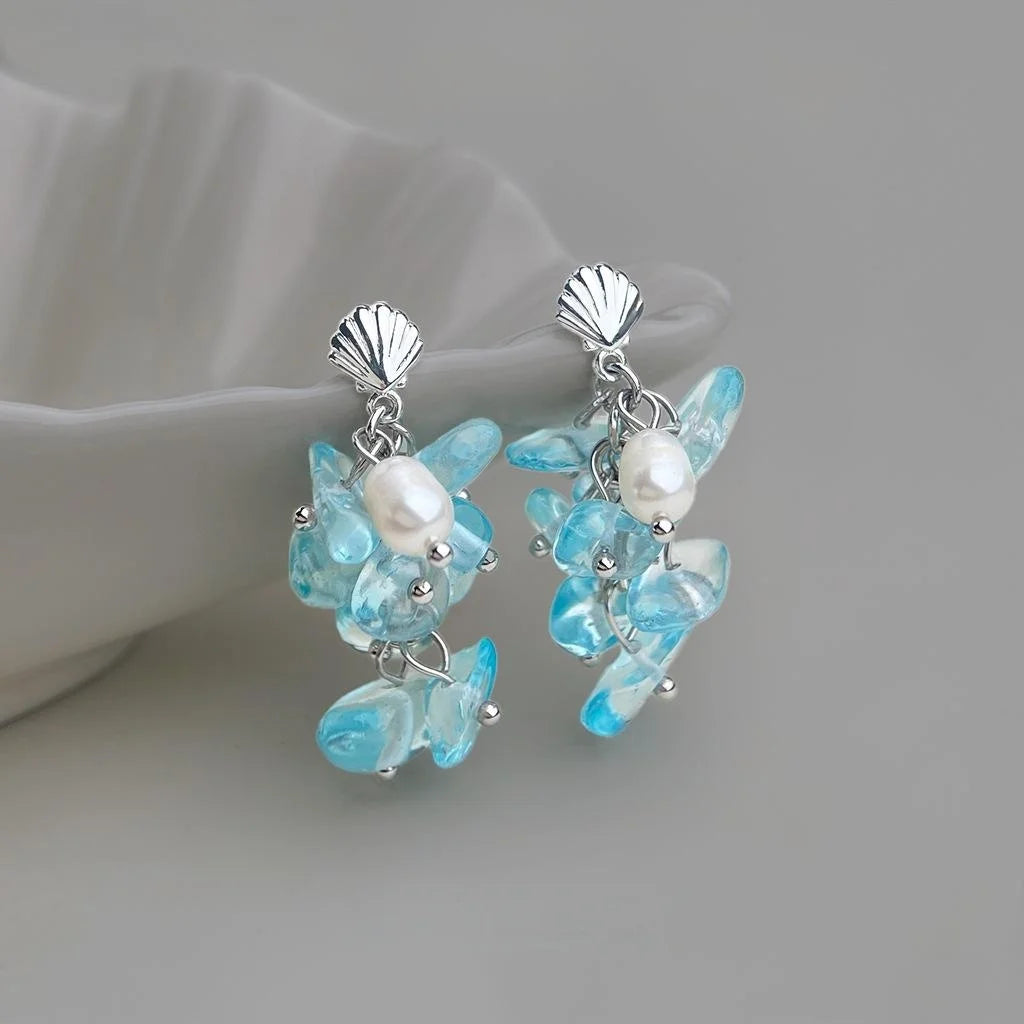 Sweet Beach Style Sea Blue Glass Crystal Freshwater Pearl Shell Tassel Drop Earrings
