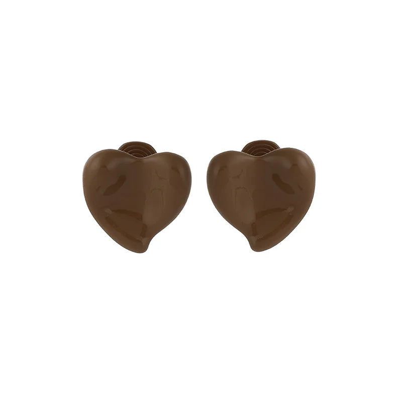 Elegant French Glossy Coffee Brown Enamel Heart Alloy Stud & Clip On No Piercing Statement Earrings