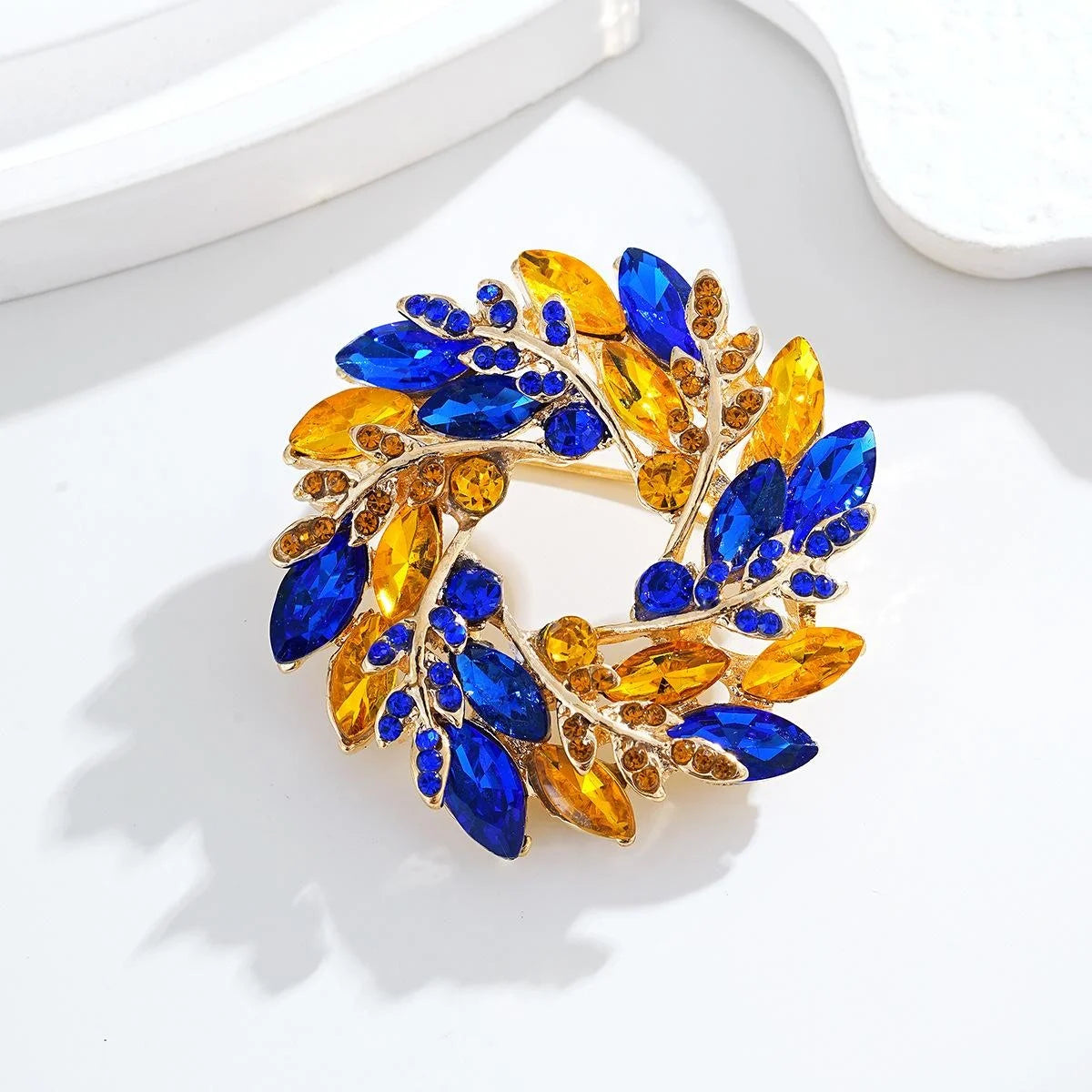 Elegant Blue Amber Rhinestone Leaf Wheat Wreath Brooch, Gold Tone Alloy Lapel Pin Corsage Suit Accessory