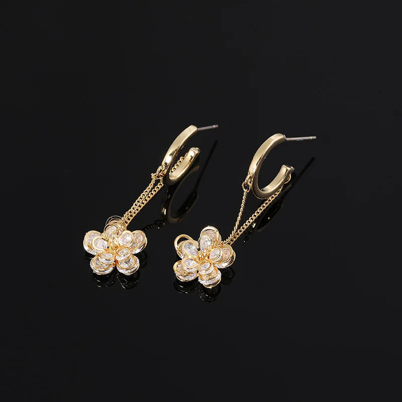 Elegant Zircon Crystal Flower Chain Tassel Hoop Stud & Clip On No Piercing Gold Alloy Drop Earrings
