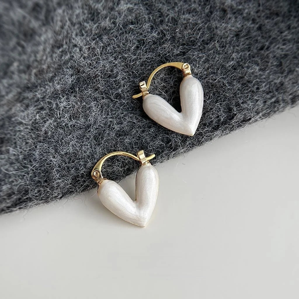 French Elegant White Heart Drop Earrings, Copper Minimalist Small Daily Jewelry
