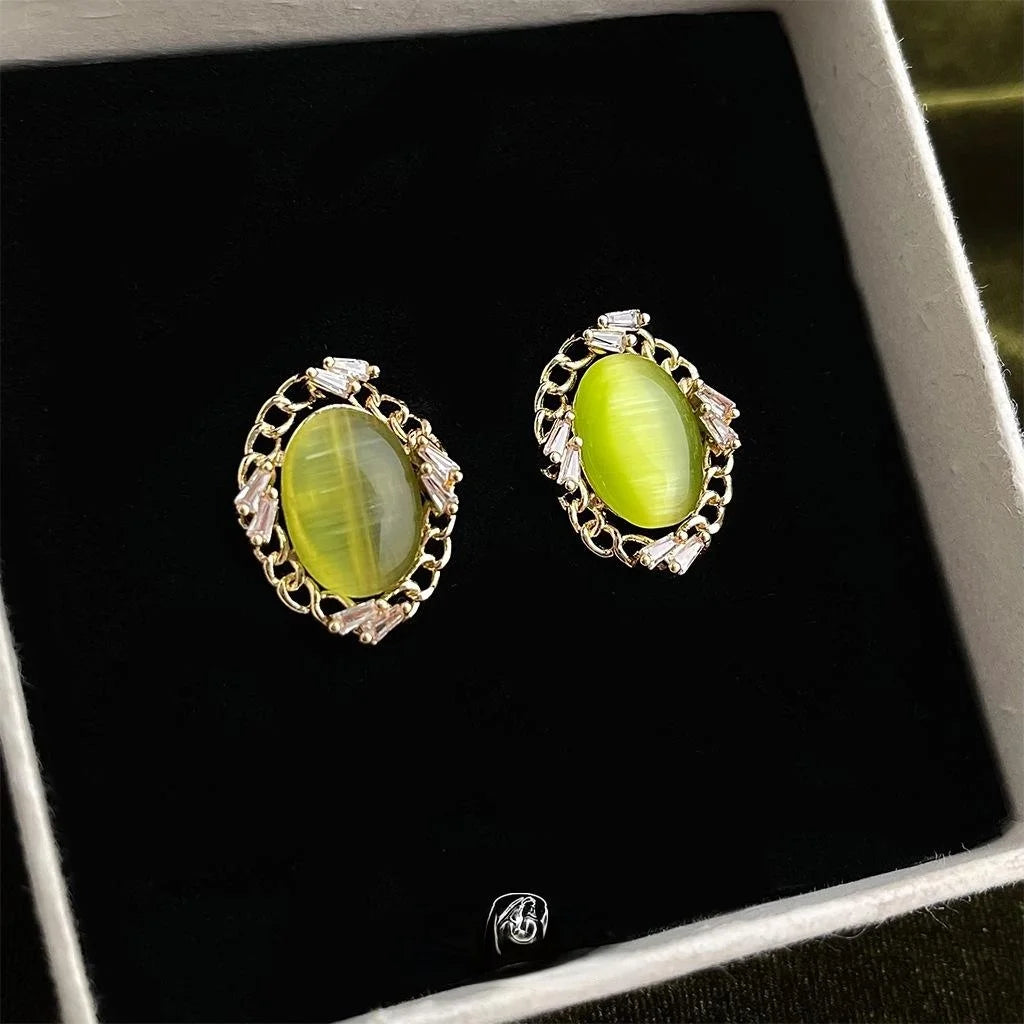 Vintage 14K Plated Copper Olive Green Cat Eye Oval Zircon Stud Earrings
