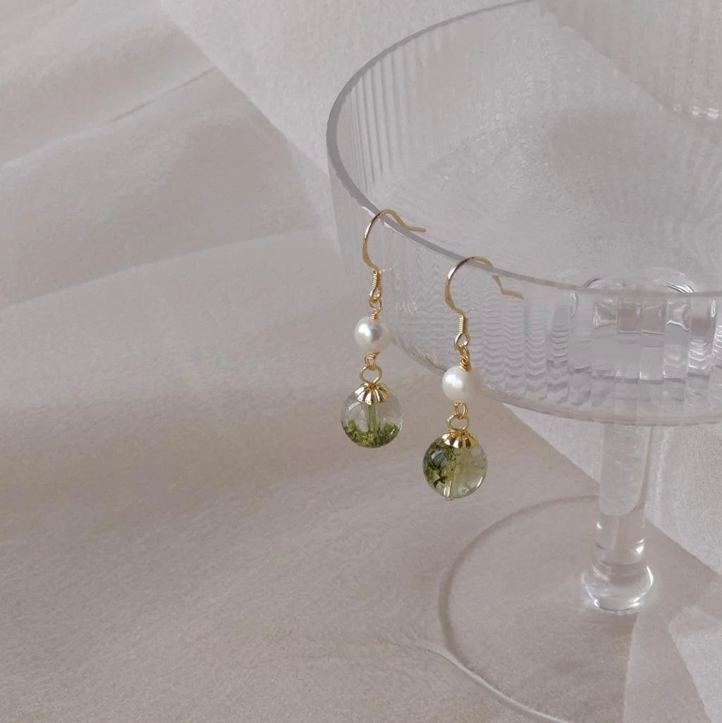 Handmade French Vintage Freshwater Pearl Synthetic Green Phantom Geometric Drop Earrings