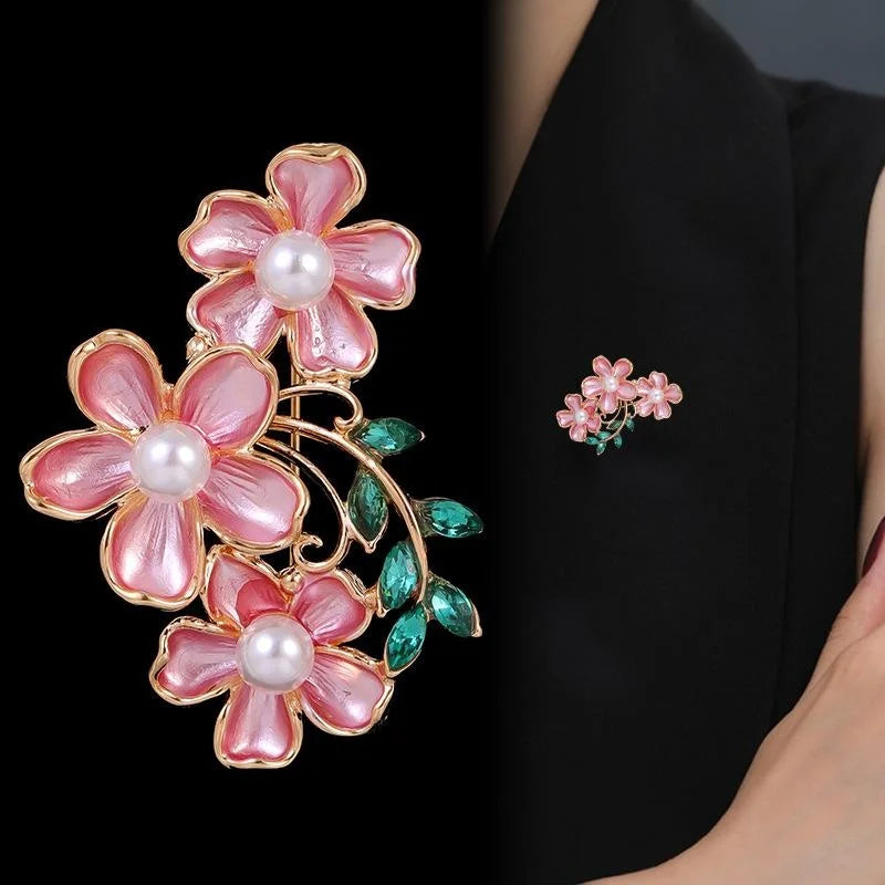 Elegant Korean Style Three Pink Enamel Flower Brooch With Pearl Centers, Alloy Lapel Pin Corsage Gift