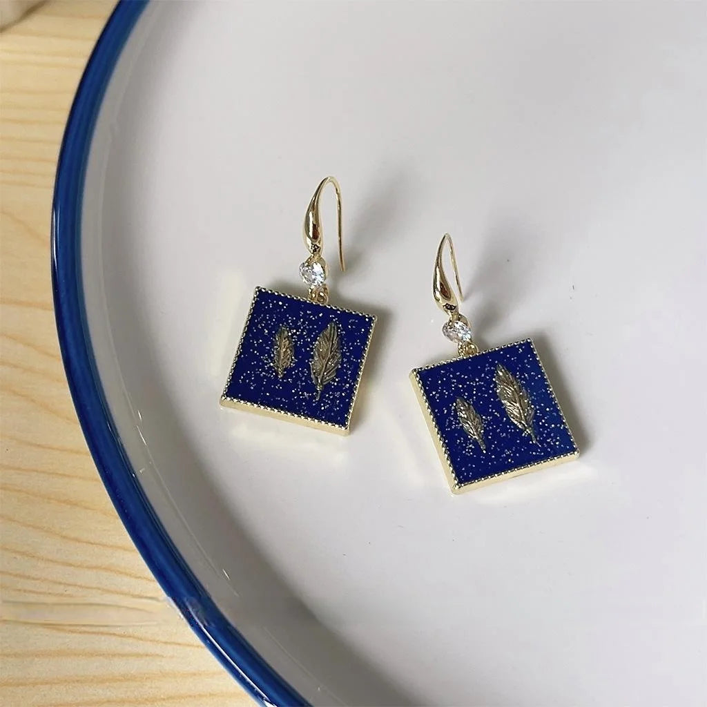 Haze Blue Geometric Copper Drop Earrings 14K Plated Oval Hoop Square Design