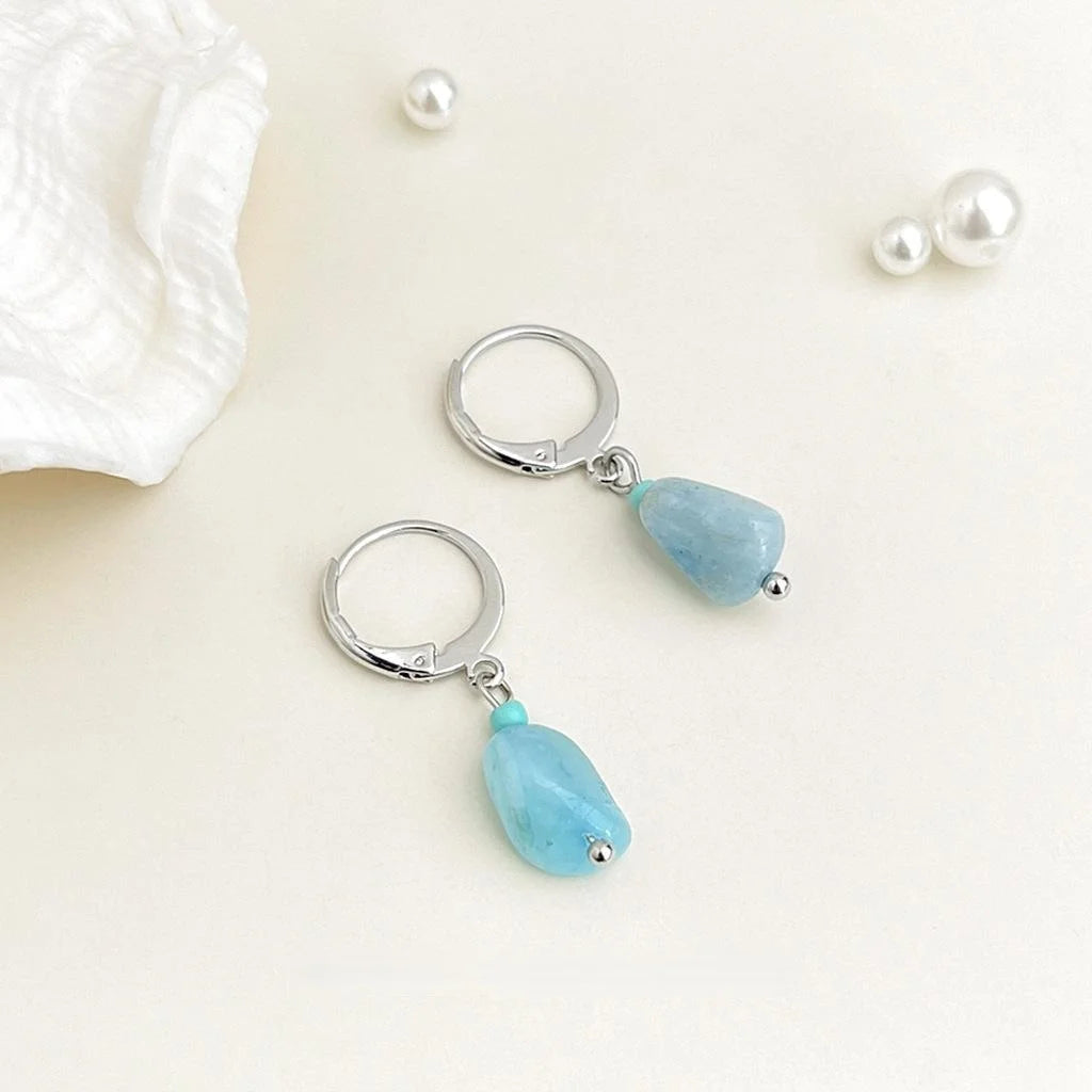 Fresh Blue Crystal Chip Drop Earrings Copper Irregular Geometric Natural Stone Vacation Style