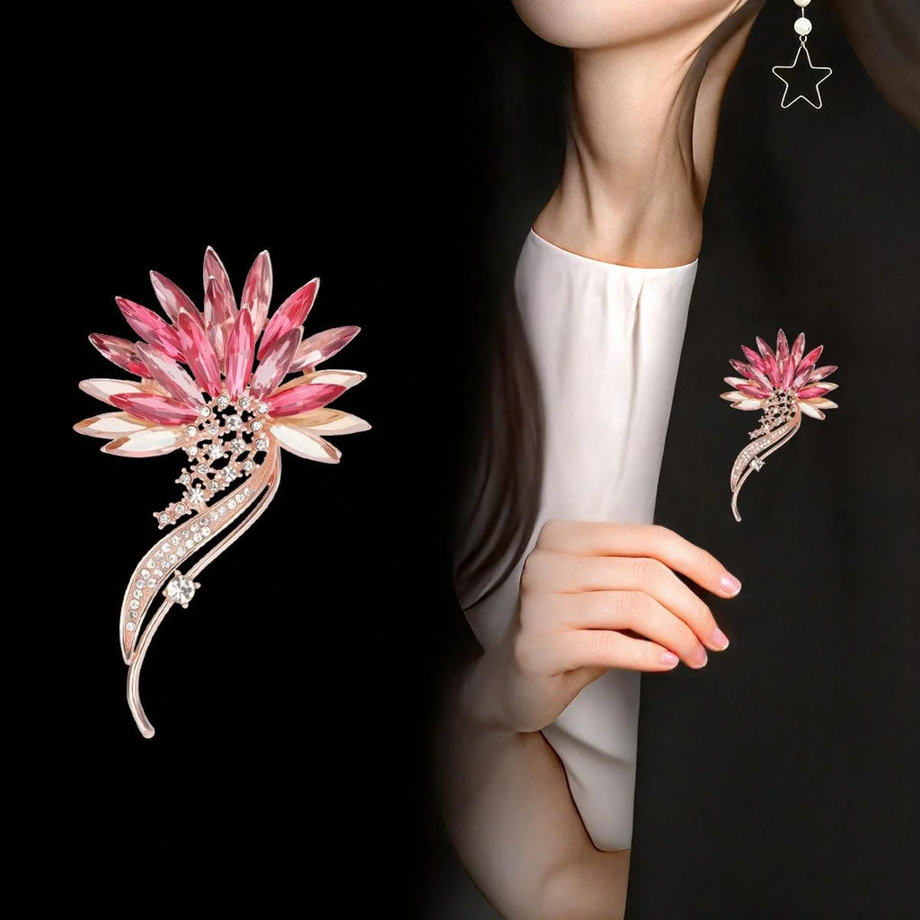 Elegant Blue Crystal Flower Rhinestone Brooch Luxury Floral Lapel Pin Corsage Suit Accessory Gift