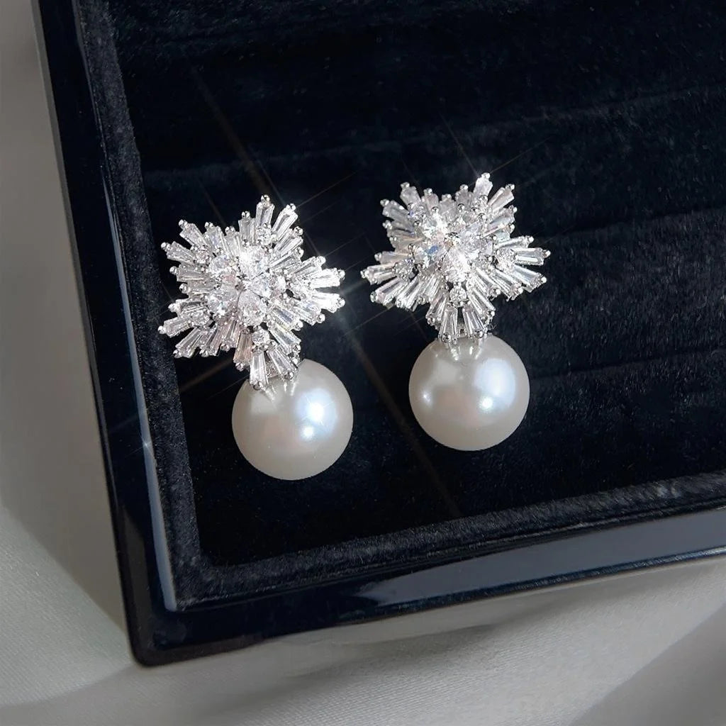 Luxury Geometric Snowflake Pearl Drop Earrings Full Zircon Eco-Friendly Copper Jewelry