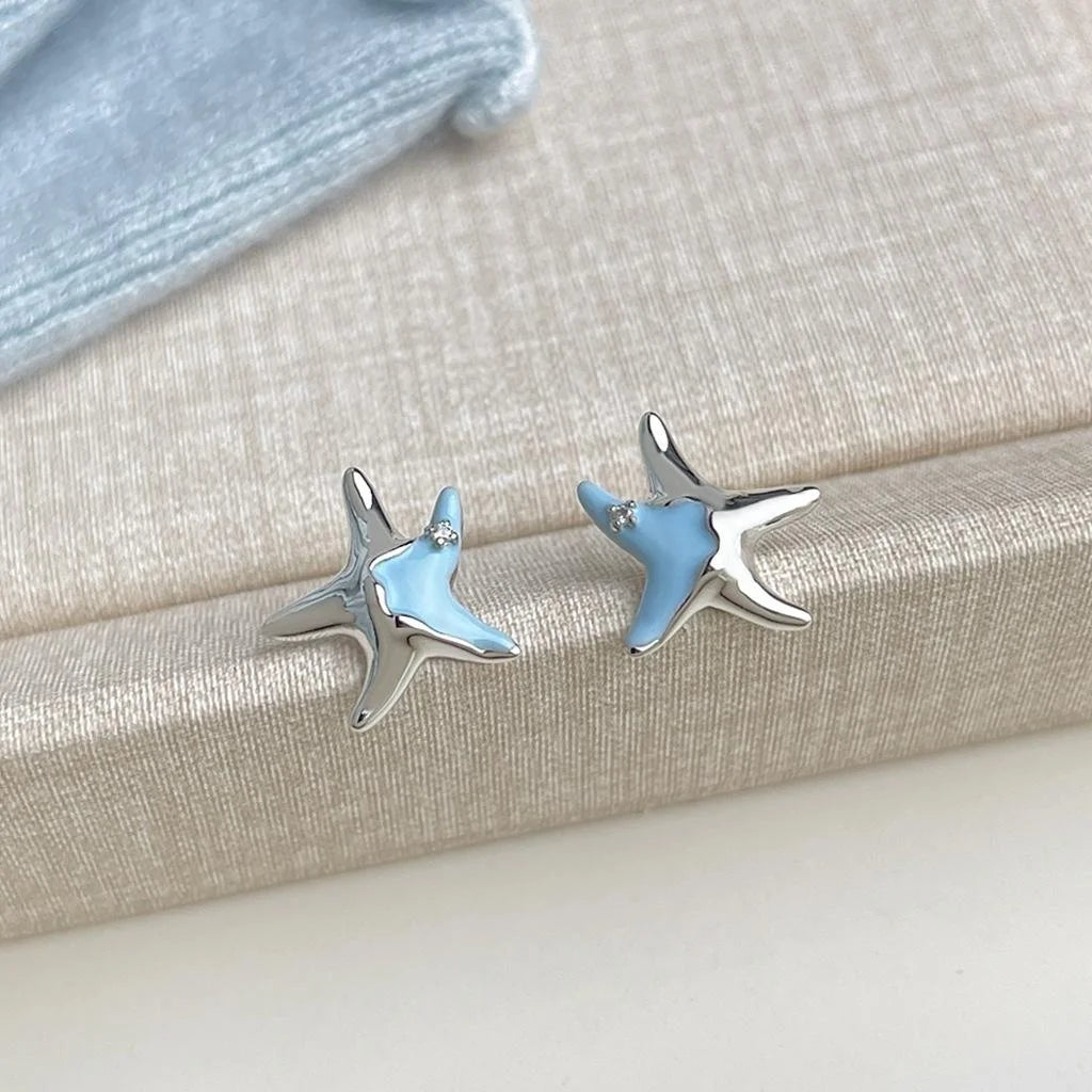 Sweet Blue Enamel Starfish Stud Earrings Silver Plated Copper Ocean Designer Jewelry