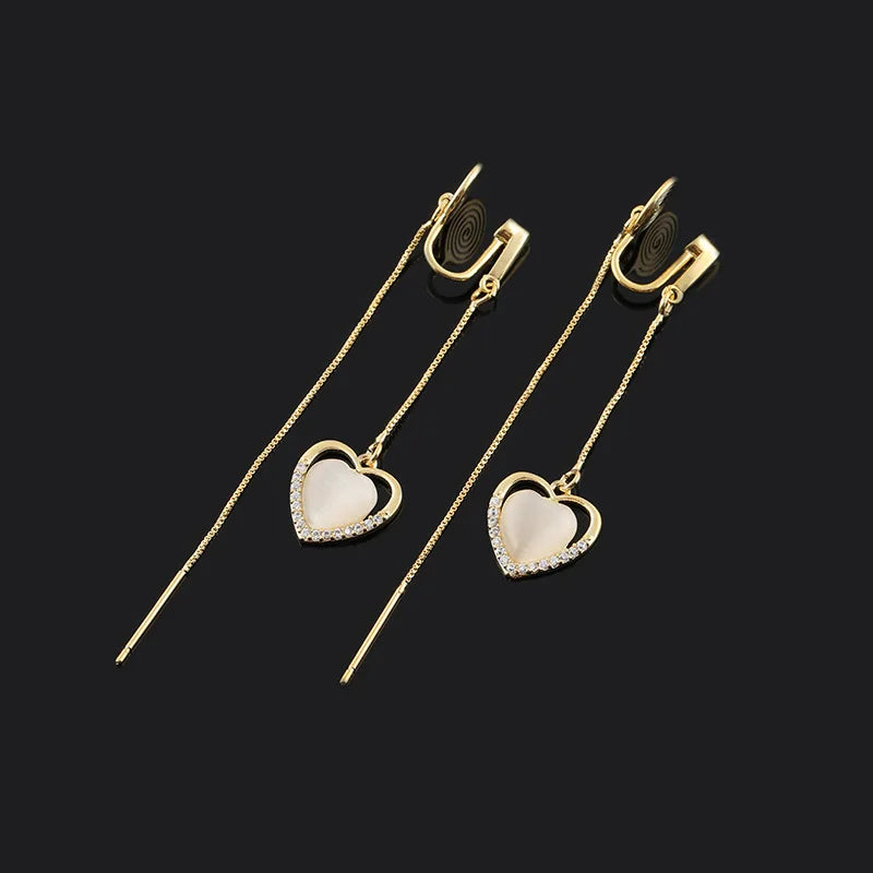 Elegant Heart Cat Eye Stone Tassel Threader Alloy Rhinestone Stud & Clip On No Piercing Earrings