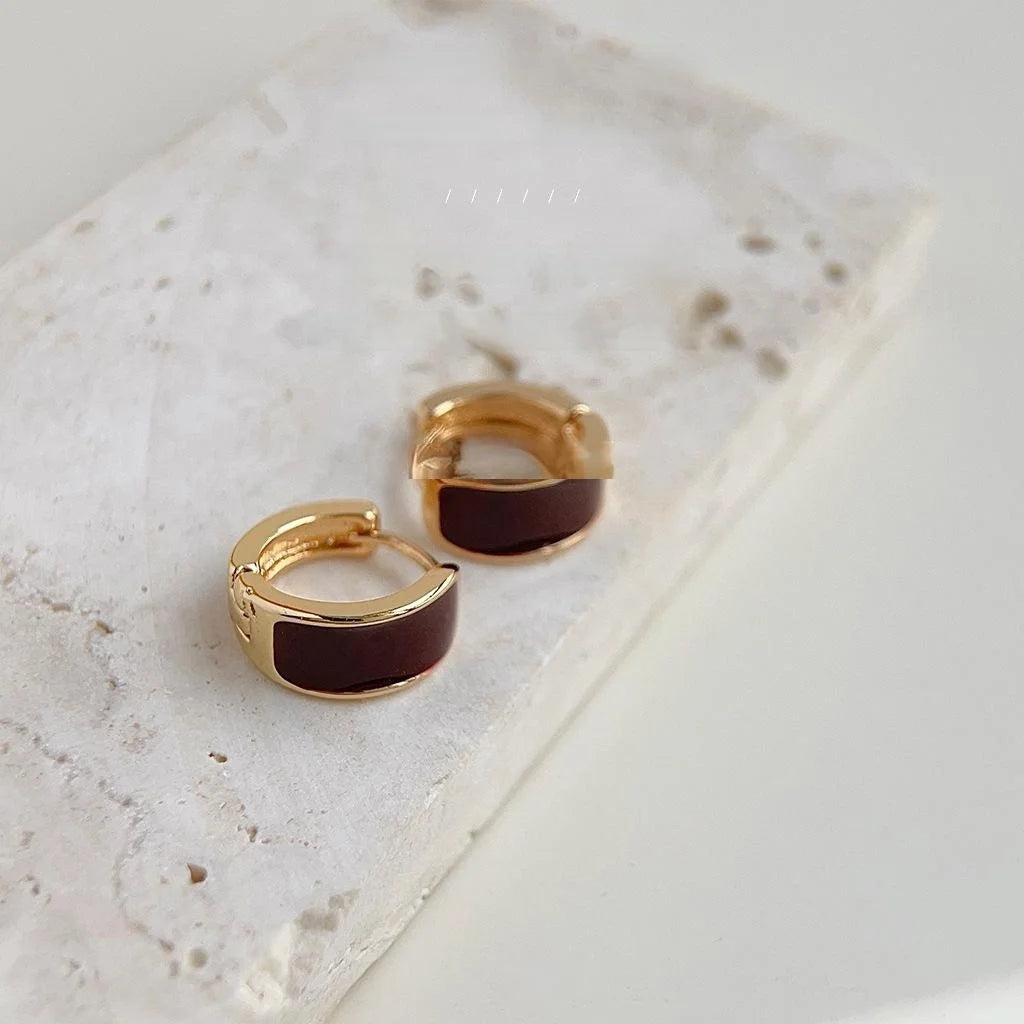 Vintage Hong Kong Style Burgundy Enamel 14K Gold Plated Copper Geometric Stud Earrings