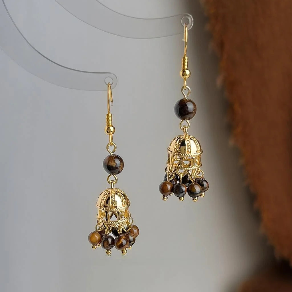 Vintage Handmade Copper Tiger Eye Birdcage Drop Earrings Maillard Geometric Designer Jewelry