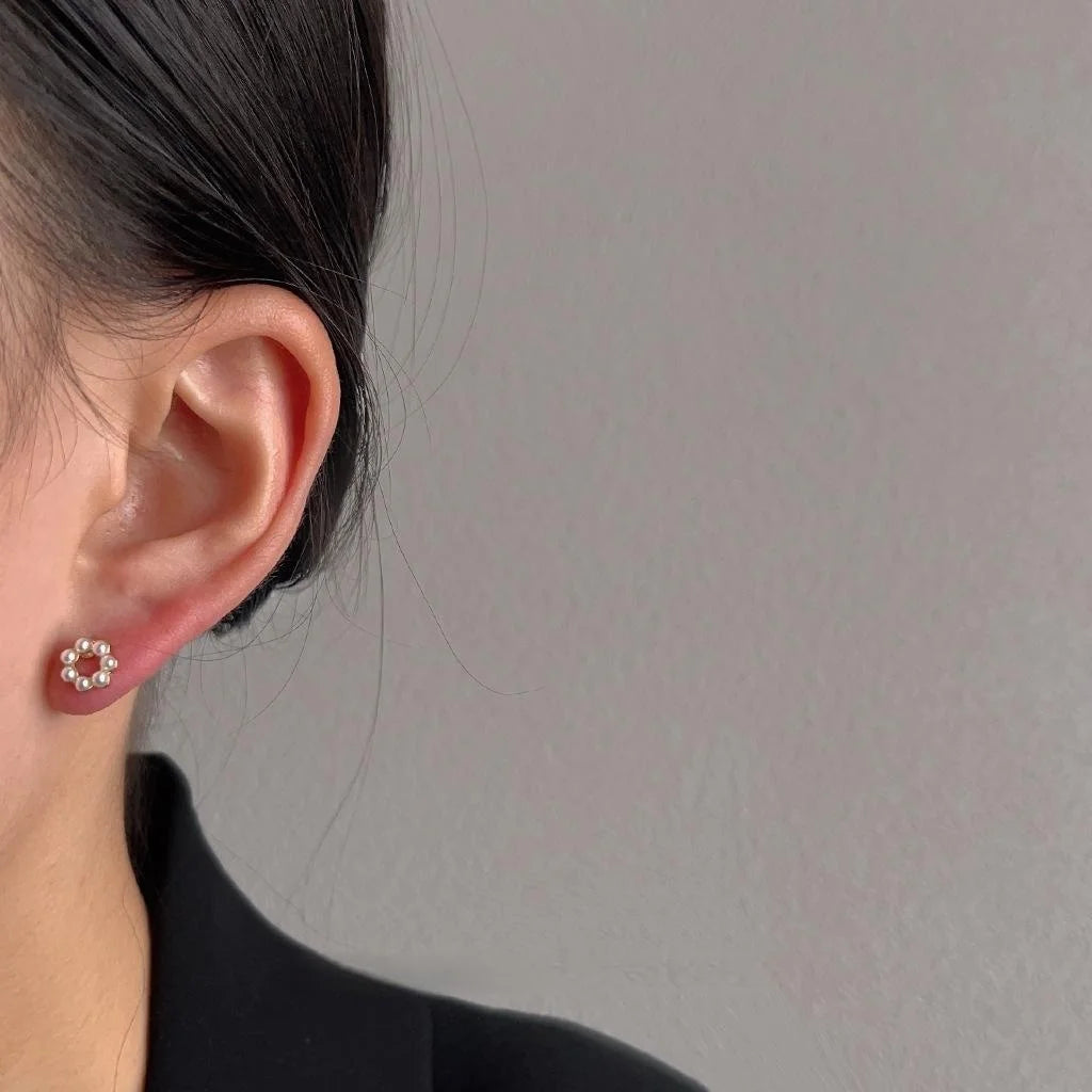 14K Gold Plated Copper Pearl Round Hollow Geometric Stud Earrings Simple Fresh Style