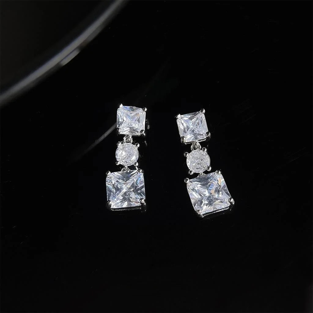 Light Luxury Micro Pave Zircon Square Geometric Long Tassel Eco Copper Stud Earrings